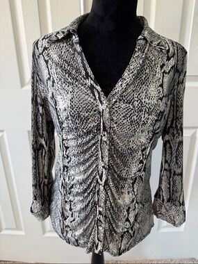 INC International Concepts Black & White Snake-Print Ruched Button-Front Blouse